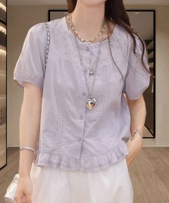 Plus-Size Ruffled Hem Short Sleeve Lace Spliced Shirt for Women - Loose Summer Top with Youthful Vibe