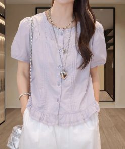Plus-Size Ruffled Hem Short Sleeve Lace Spliced Shirt for Women - Loose Summer Top with Youthful Vibe