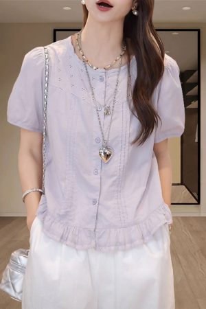 Plus-Size Ruffled Hem Short Sleeve Lace Spliced Shirt for Women - Loose Summer Top with Youthful Vibe