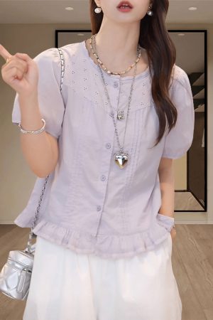 Plus-Size Ruffled Hem Short Sleeve Lace Spliced Shirt for Women - Loose Summer Top with Youthful Vibe