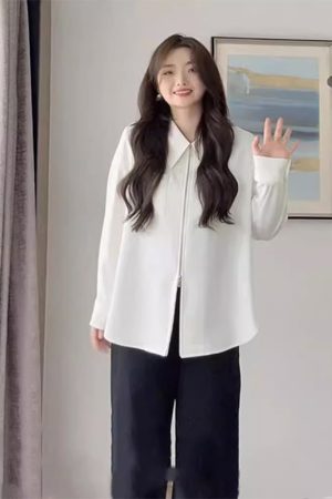 Plus Size Women's Long Sleeve Lapel Shirt with Double Zipper, Loose Fit Spring Autumn Top, Trendy and Slimming Fashion for Curvy Figures
