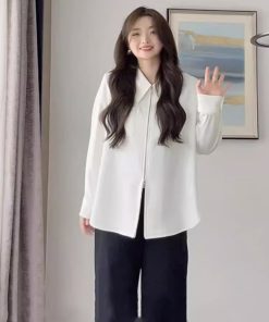 Plus Size Women's Long Sleeve Lapel Shirt with Double Zipper, Loose Fit Spring Autumn Top, Trendy and Slimming Fashion for Curvy Figures