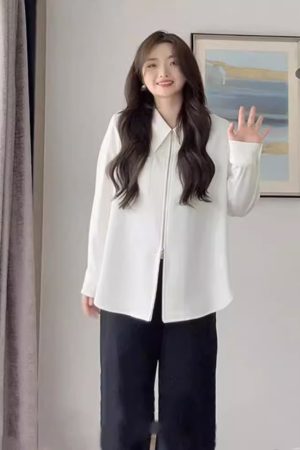 Plus Size Women's Long Sleeve Lapel Shirt with Double Zipper, Loose Fit Spring Autumn Top, Trendy and Slimming Fashion for Curvy Figures
