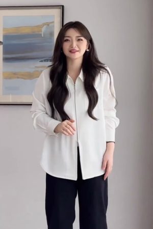 Plus Size Women's Long Sleeve Lapel Shirt with Double Zipper, Loose Fit Spring Autumn Top, Trendy and Slimming Fashion for Curvy Figures