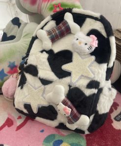 Plush Kitty Cow Pattern Backpack for College - Cute Star Design, Autumn & Winter Fashion Accessory