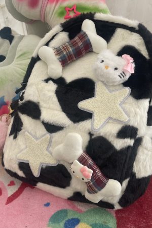 Plush Kitty Cow Pattern Backpack for College - Cute Star Design, Autumn & Winter Fashion Accessory