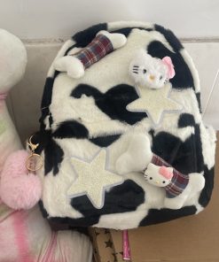 Plush Kitty Cow Pattern Backpack for College - Cute Star Design, Autumn & Winter Fashion Accessory