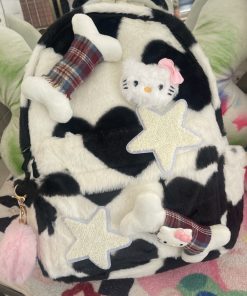 Plush Kitty Cow Pattern Backpack for College - Cute Star Design, Autumn & Winter Fashion Accessory