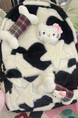 Plush Kitty Cow Pattern Backpack for College - Cute Star Design, Autumn & Winter Fashion Accessory