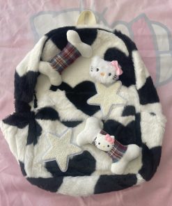 Plush Kitty Cow Pattern Backpack for College - Cute Star Design, Autumn & Winter Fashion Accessory