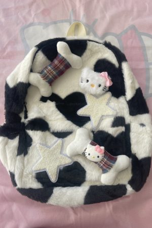 Plush Kitty Cow Pattern Backpack for College - Cute Star Design, Autumn & Winter Fashion Accessory