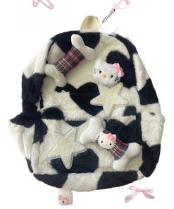 Plush Kitty Cow Pattern Backpack for College - Cute Star Design, Autumn & Winter Fashion Accessory