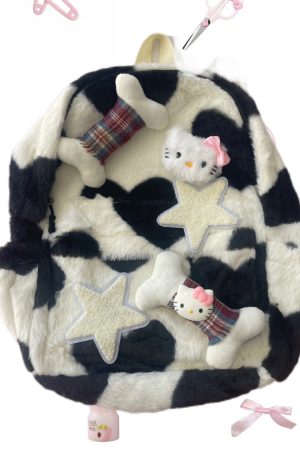 Plush Kitty Cow Pattern Backpack for College - Cute Star Design, Autumn & Winter Fashion Accessory
