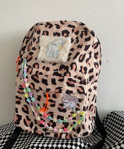 Plush Leopard Print Five-Pointed Star Backpack for Girls - Versatile College Student Bag with Cute Niche Style