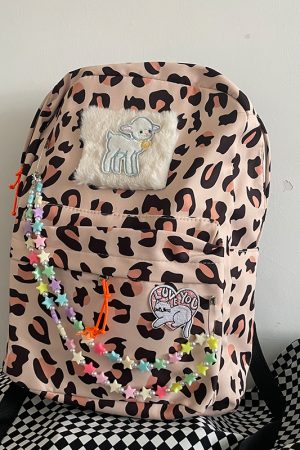 Plush Leopard Print Five-Pointed Star Backpack for Girls - Versatile College Student Bag with Cute Niche Style