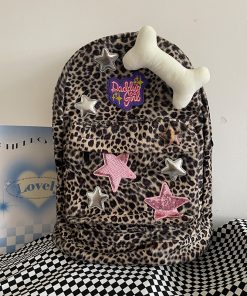 Plush Leopard Print Five-Pointed Star Backpack for Girls - Versatile College Student Bag with Cute Niche Style