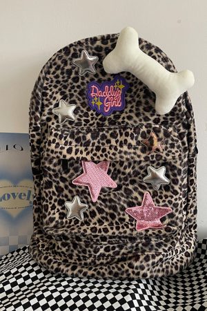 Plush Leopard Print Five-Pointed Star Backpack for Girls - Versatile College Student Bag with Cute Niche Style
