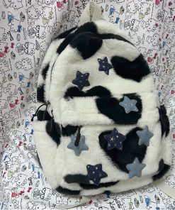 Plush Leopard Print Five-Pointed Star Backpack for Girls - Versatile College Student Bag with Cute Niche Style