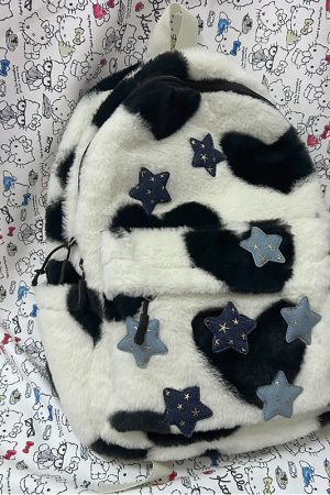 Plush Leopard Print Five-Pointed Star Backpack for Girls - Versatile College Student Bag with Cute Niche Style