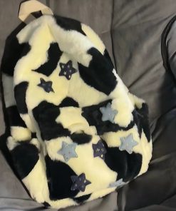 Plush Leopard Print Five-Pointed Star Backpack for Girls - Versatile College Student Bag with Cute Niche Style