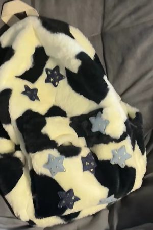 Plush Leopard Print Five-Pointed Star Backpack for Girls - Versatile College Student Bag with Cute Niche Style