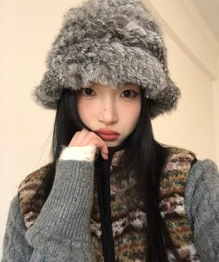 Plush Oversized Knitted Wool Bucket Hat for Women - Thickened Fisherman's Hat, Ear-Protecting, Warm for Autumn & Winter