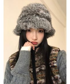 Plush Oversized Knitted Wool Bucket Hat for Women - Thickened Fisherman's Hat, Ear-Protecting, Warm for Autumn & Winter