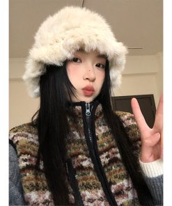 Plush Oversized Knitted Wool Bucket Hat for Women - Thickened Fisherman's Hat, Ear-Protecting, Warm for Autumn & Winter