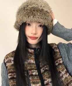 Plush Oversized Knitted Wool Bucket Hat for Women - Thickened Fisherman's Hat, Ear-Protecting, Warm for Autumn & Winter