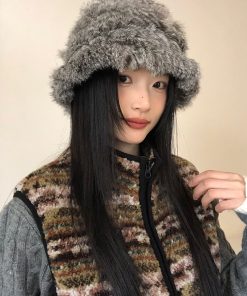 Plush Oversized Knitted Wool Bucket Hat for Women - Thickened Fisherman's Hat, Ear-Protecting, Warm for Autumn & Winter