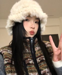 Plush Oversized Knitted Wool Bucket Hat for Women - Thickened Fisherman's Hat, Ear-Protecting, Warm for Autumn & Winter