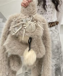 Plush Y2K Spider Backpack - Fluffy Mini Double Shoulder Bag for Women - Autumn Winter Niche Design