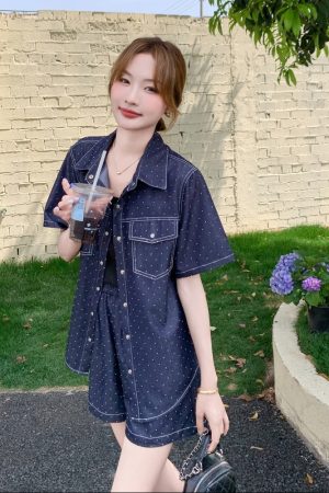 Polka Dot Denim Short Sleeve Shirt and Shorts Two-Piece Set - Elegant Summer OOTD for a Chic 90s Look