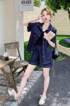 Polka Dot Denim Short Sleeve Shirt and Shorts Two-Piece Set - Elegant Summer OOTD for a Chic 90s Look