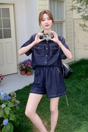 Polka Dot Denim Short Sleeve Shirt and Shorts Two-Piece Set - Elegant Summer OOTD for a Chic 90s Look