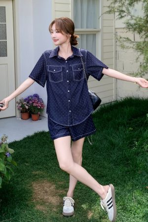 Polka Dot Denim Short Sleeve Shirt and Shorts Two-Piece Set - Elegant Summer OOTD for a Chic 90s Look