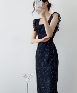 Polka Dot Ruffled Sleeve Backless Spaghetti Strap Dress for Women - Summer Vacation Style, Long French Fashion Dress