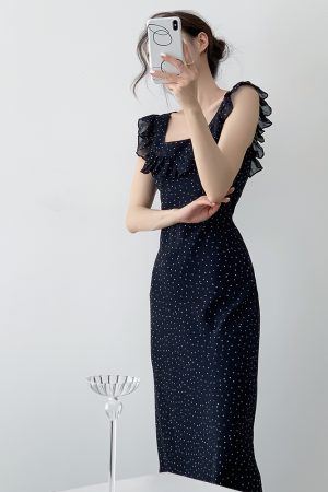 Polka Dot Ruffled Sleeve Backless Spaghetti Strap Dress for Women - Summer Vacation Style, Long French Fashion Dress