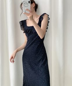 Polka Dot Ruffled Sleeve Backless Spaghetti Strap Dress for Women - Summer Vacation Style, Long French Fashion Dress