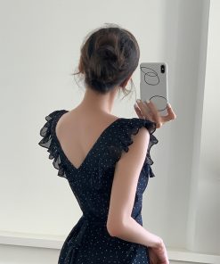 Polka Dot Ruffled Sleeve Backless Spaghetti Strap Dress for Women - Summer Vacation Style, Long French Fashion Dress