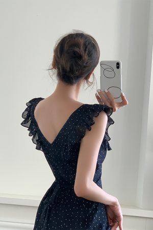 Polka Dot Ruffled Sleeve Backless Spaghetti Strap Dress for Women - Summer Vacation Style, Long French Fashion Dress