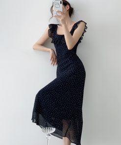 Polka Dot Ruffled Sleeve Backless Spaghetti Strap Dress for Women - Summer Vacation Style, Long French Fashion Dress