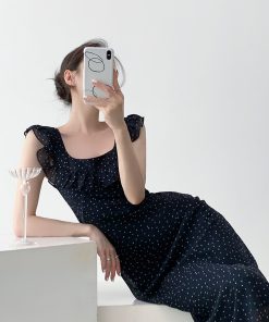 Polka Dot Ruffled Sleeve Backless Spaghetti Strap Dress for Women - Summer Vacation Style, Long French Fashion Dress