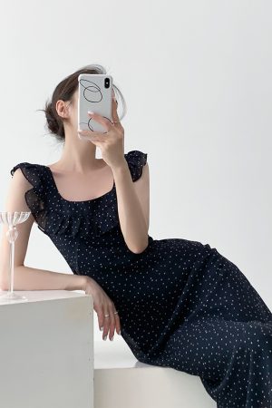 Polka Dot Ruffled Sleeve Backless Spaghetti Strap Dress for Women - Summer Vacation Style, Long French Fashion Dress