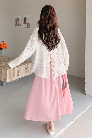 Polka Dot Shirt and Pink Skirt Two-Piece Set - Elegant Summer Outfit for a Youthful Look - Perfect for May Day and OOTD Styling