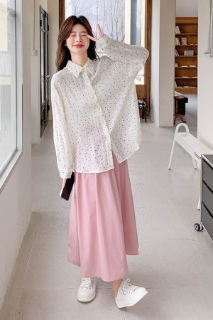 Polka Dot Shirt and Pink Skirt Two-Piece Set - Elegant Summer Outfit for a Youthful Look - Perfect for May Day and OOTD Styling