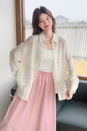 Polka Dot Shirt and Pink Skirt Two-Piece Set - Elegant Summer Outfit for a Youthful Look - Perfect for May Day and OOTD Styling