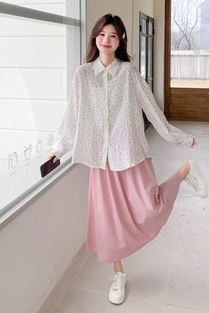 Polka Dot Shirt and Pink Skirt Two-Piece Set - Elegant Summer Outfit for a Youthful Look - Perfect for May Day and OOTD Styling