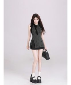 Polka Dot Sleeveless Bow Top and Skirt Set Dress for Women, High-End Black Summer Outfit, Chic 90s Style