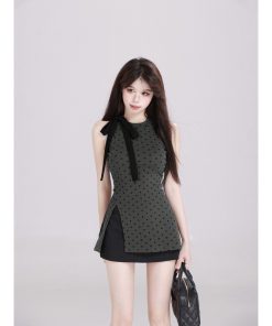 Polka Dot Sleeveless Bow Top and Skirt Set Dress for Women, High-End Black Summer Outfit, Chic 90s Style
